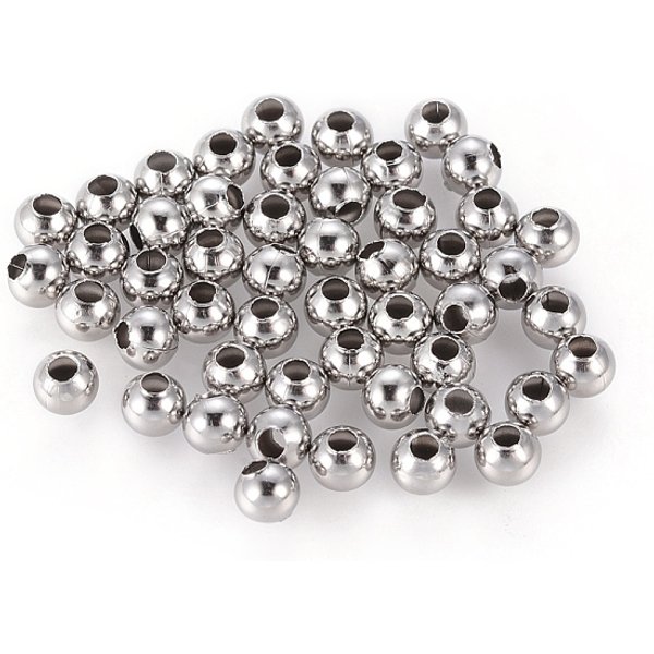 Perles Rondes Creuses En Acier Inoxydable 304 RéSistantes Au Ternissement, Pour La Fabrication De Bijoux Artisanaux, Couleur Inoxydable, 4X4Mm, Trou: 1.5Mm-image