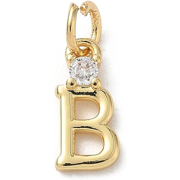 Brass Pave Clear Cubic Zirconia Charms, Letter Charms, With Jump Ring, Rack Plating, Long-Lasting Plated, Lead Free & Cadmium Free, Real 18K Gold Plated, Letter B, 12-12.5X3-10X2.3Mm, Hole: 3.3Mm-image