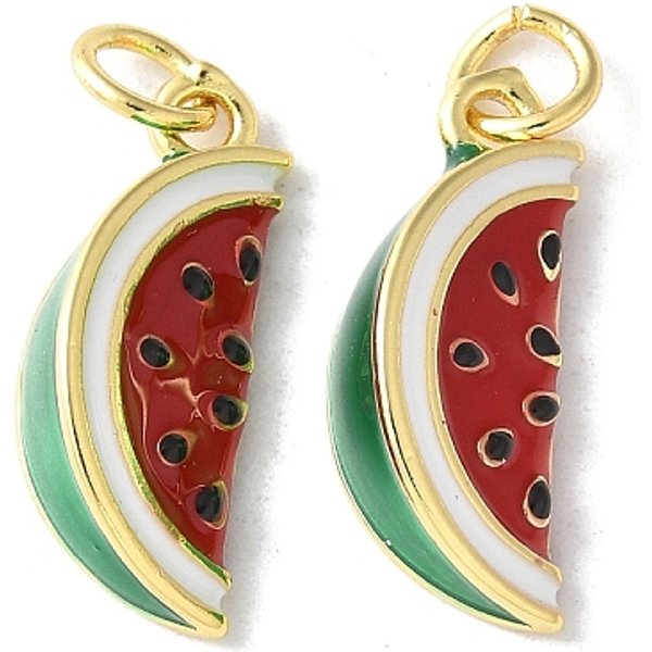 Brass Enamel Pendants, With Jump Ring, Long-Lasting Plated, Cadmium Free & Lead Free, Rack Plating, Real 18K Gold Plated, Fruits Charm, Watermelon, 18.5X7X6Mm, Hole: 3.5Mm-image