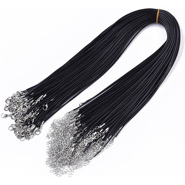 Coton ciré création de collier cordon, avec des fermoirs en alliage pince de homard et chaînes embouts de fer, platine, noir, 44-48 cm, 1.5mm