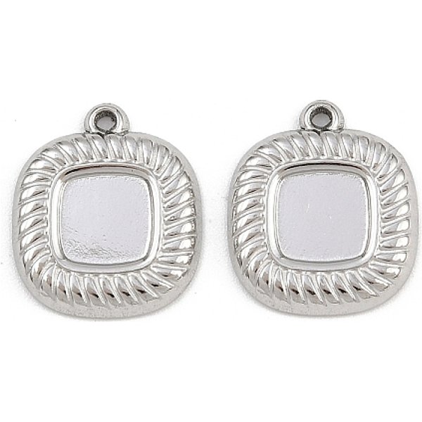 304 Stainless Steel Pendant Cabochon Settings, Square Charms, Stainless Steel Color, Tray: 6x6mm, 14.5x12.5x2mm, Hole: 1mm