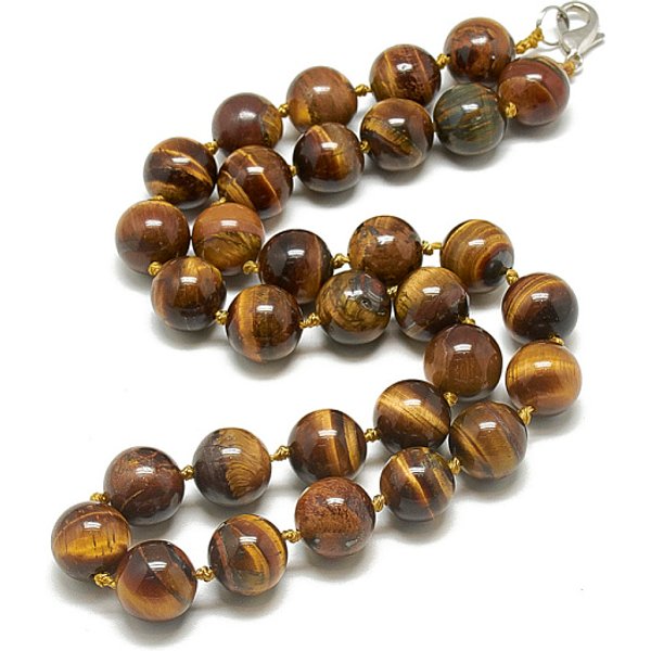 Natural Tiger Eye Beaded Necklaces, with Alloy Lobster Clasps, Round, 18.1 inch-18.5 inch(46-47cm), round: 11.5-12mm