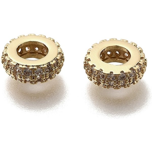 Brass Micro Pave Clear Cubic Zirconia European Beads, Large Hole Beads, Flat Round, Real 18K Gold Plated, 8.5X3Mm, Hole: 4Mm-image