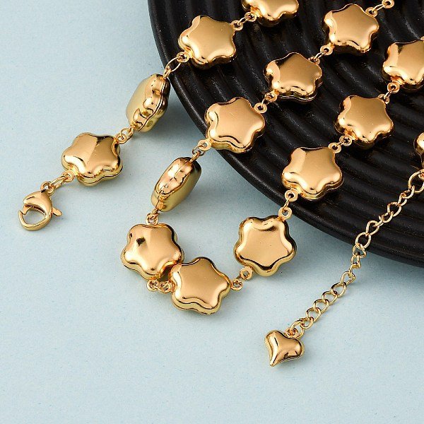 304 Stainless Steel Flower Link Chain Necklaces For Women, Golden, 17.72 Inch(45Cm)-image