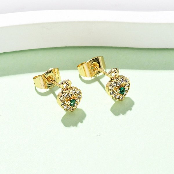 Boucles D'oreilles En Laiton Avec Micro Pavé De Zircones Cubiques, CœUr, VéRitable 16K Plaqué Or, 8X6Mm-image