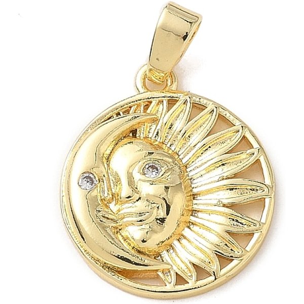 Brass Micro Pave Cubic Zirconia Pendants, Flat Round With Sun, Real 18K Gold Plated, 17X15X2.5Mm, Hole: 4X3Mm-image