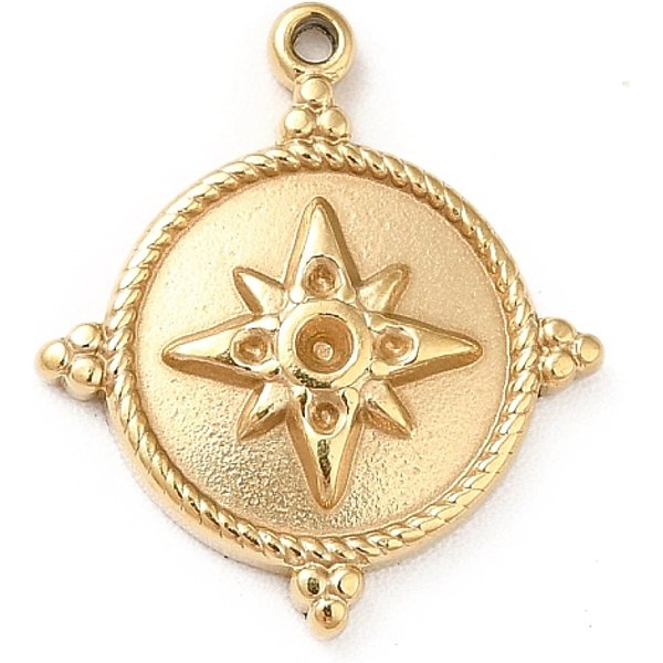 Placcatura Ionica (Ip) 304 Ciondolo In Acciaio Inossidabile Con Strass, Piatta E Rotonda Con Pattern Di Stelle, Vero Placcato Oro 14K, Adatto Per Strass Da 1 Mm, 17X15X2Mm, Foro: 1 Mm-image