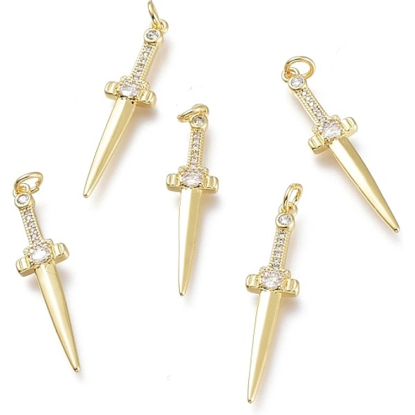 Brass Micro Pave Clear Cubic Zirconia Pendants, With Jump Rings, Long-Lasting Plated, Sword, Golden, 31.5X8X2.5Mm, Hole: 3Mm-image