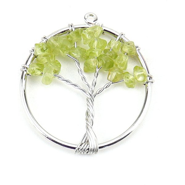 NatüRlicher Peridot-Baum Des Lebens-AnhäNger, Eisen-Ring-Chip-Edelsteine-Baum-Charms, Platin Farbe, 30 Mm-image