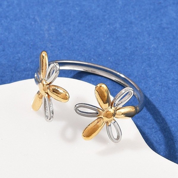 304 Stainless Steel Double Color Cuff Rings, Ion Plating(Ip), Golden & Stainless Steel Color, Flower, 19Mm, Inner Diameter: Adjustable-image
