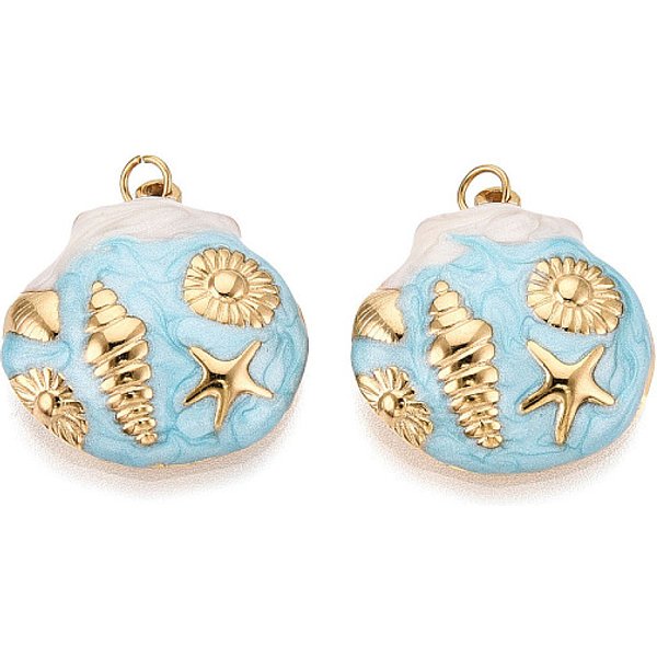 304 Stainless Steel Enamel Pendants, Shell Shape, With Jump Ring, Ion Plating(Ip), Real 18K Gold Plated, Light Sky Blue, 21.5X20X4Mm, Hole: 2.8Mm-image