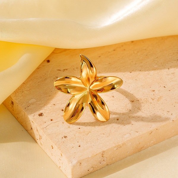 Adjustable 304 Stainless Steel Cuff Rings For Women, Flower, Golden, 27.5X30Mm, Us Size 6 1/2(16.9Mm)-image