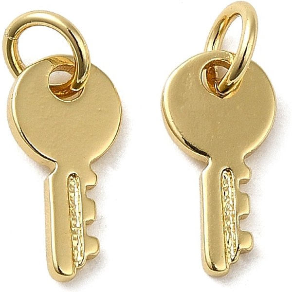 Rack Plating Brass Cubic Zirconia Charms, Cadmium Free & Lead Free, Long-Lasting Plated, Key Charm, With Jump Ring, Real 18K Gold Plated, 12X6X1Mm, Hole: 3.3Mm-image