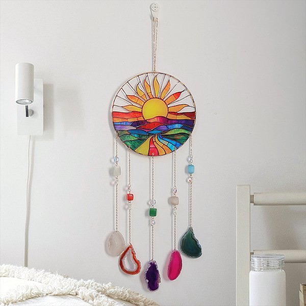 Acrylic Sun Pendant Decorations, Natural Agate Slice Tassel For Home Car Hanging Decor, Colorful, 615Mm-image