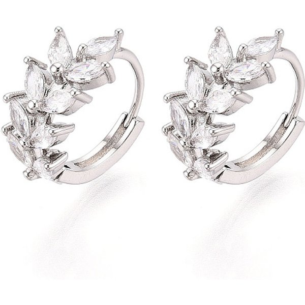 Brass Micro Pave Cubic Zirconia Leaf Hoop Earrings, Real Platinum Plated, Clear, 15X15.5X7.5Mm-image
