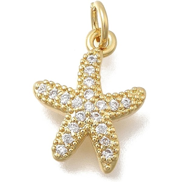 Breloques En Laiton Zircon Cubique Transparent, Sans Cadmium Et Sans Plomb, CréMaillèRe Plaquage, Plaqué Longue DuréE, VéRitable 18K Plaqué Or, éToiles De Mer, 15.5X11.5X2.5Mm, Trou: 3.5Mm-image