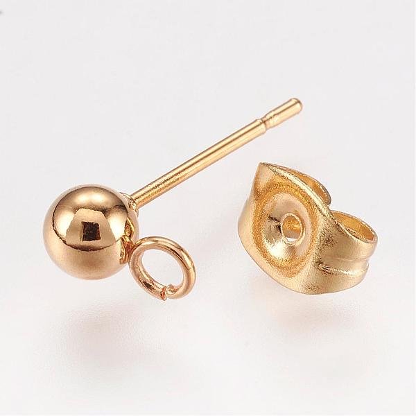 Accesorios Para Pendientes De Acero Inoxidable 304, Con Bucle Y Orejera / Aretes, Real 24K Chapado En Oro, 15X7Mm, Agujero: 1.7 Mm, Bola: 4 Mm, Pin: 0.8 Mm-image
