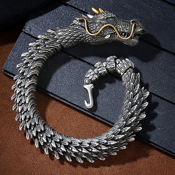 Drachen-Armreife Aus Messing FüR MäNner, Antik Silber Farbe, 8-5/8 Zoll (22 Cm)-image