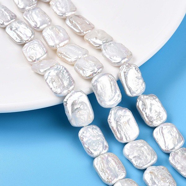 Natural Baroque Pearl Keshi Pearl Beads Strands, Cultured Freshwater Pearl, Rectangle, Creamy White, 16-18X12-14X3-8Mm, Hole: 0.5Mm, About 22Pcs/Strand, 15.04''(38.2Cm)-image