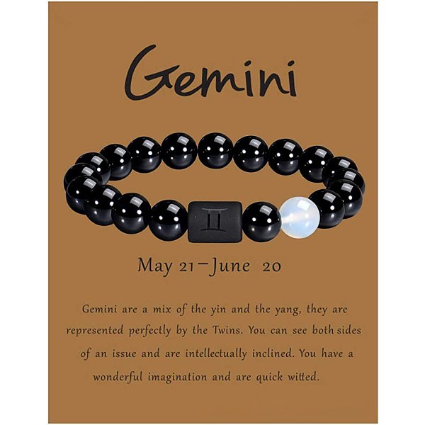 12 Constellation Round Opalite Beads Stretch Bracelets, With Black Agate Round Beaded, Gemini, 1/4X2-3/8 Inch(0.8X6Cm)-image