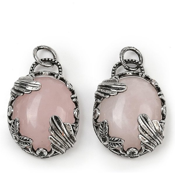 Natural Rose Quartz Pendants, Oval Charms With Brass Settings, Antique Silver, 30.5-31X21-21.5X8-8.5Mm, Hole: 5.5Mm-image