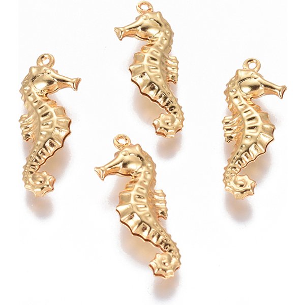304 Stainless Steel Pendants, Sea Horse, Real 18K Gold Plated, 26.5X10X4Mm, Hole: 1Mm-image