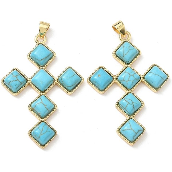 Colgantes De Cruz Romboidal De Turquesa SintéTica TeñIda, Con La Base De LatóN, Real 18K Chapado En Oro, 42X29X5Mm, Agujero: 4.5X3.5 Mm-image