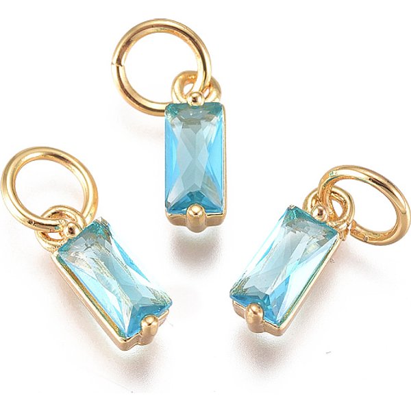 Brass Micro Pave Cubic Zirconia Charms, Long-Lasting Plated, with Jump Ring, Real 18K Gold Plated, Rectangle, Light Sky Blue, 10x3x3mm, Hole: 3mm