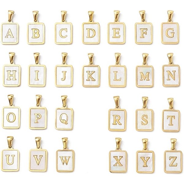 26Pcs Letter A-Z Ion Plating(IP) 304 Stainless Steel Pave Shell Pendants, Rectangle Charm, Real 18K Gold Plated, 17.5x12x1.5mm, Hole: 3x5mm