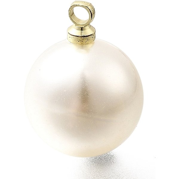 ABS Plastic Pearl Pendants, Round, with Light Gold Alloy Loop, Floral White, 15x12mm, Hole: 1.6mm