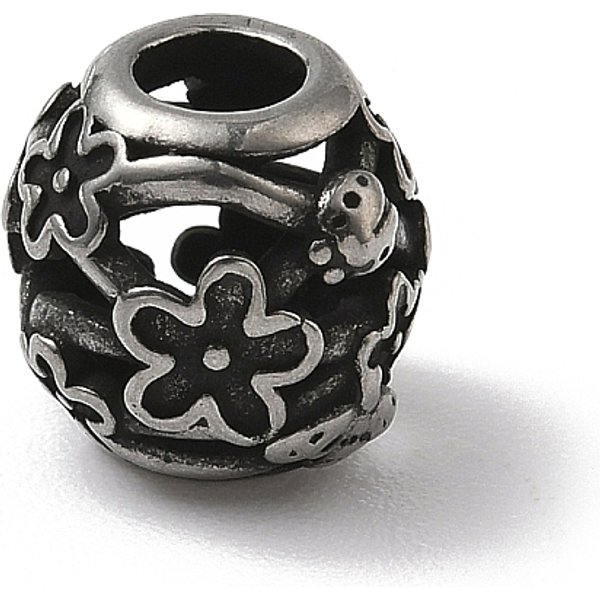 304 Stainless Steel European Beads, Large Hole Beads, Rondelle With Flower, Antique Silver, 10.5X10Mm, Hole: 4.5Mm-image