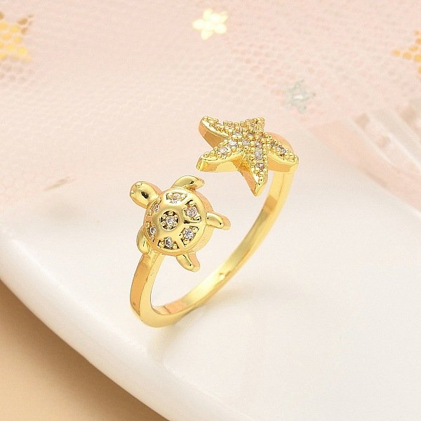304 Stainless Steel Open Cuff Finger Rings For Women, With Cubic Zirconia, Turtle, Real 18K Gold Plated, 29Mm, Inner Diameter: Adjustable-image