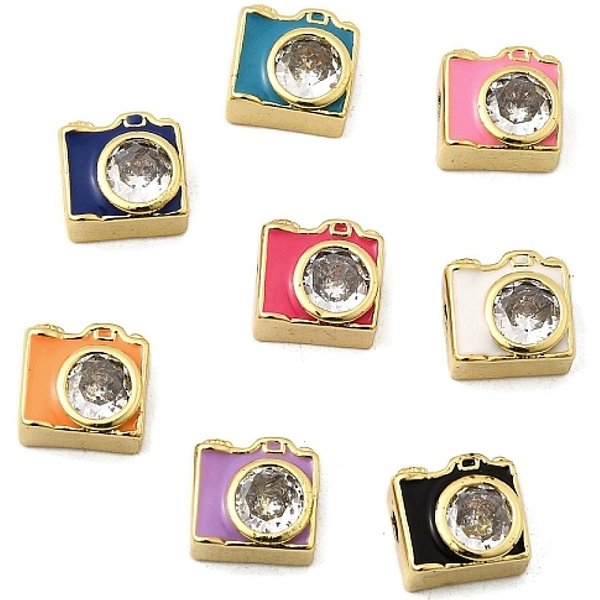 Cuentas de esmalte de circonita cúbica transparente con micropavé de latón, cámara, sin plomo y el cadmio, Plateado de larga duración, real 18k chapado en oro, chapado en rack, color mezclado, 9x9.5x6mm, agujero: 2 mm