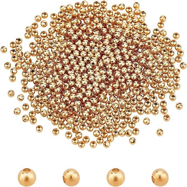 304 Stainless Steel Beads, Hollow Round, Golden, 3X3Mm, Hole: 1Mm, About 500Pcs/Bag, 1Bag/Box-image