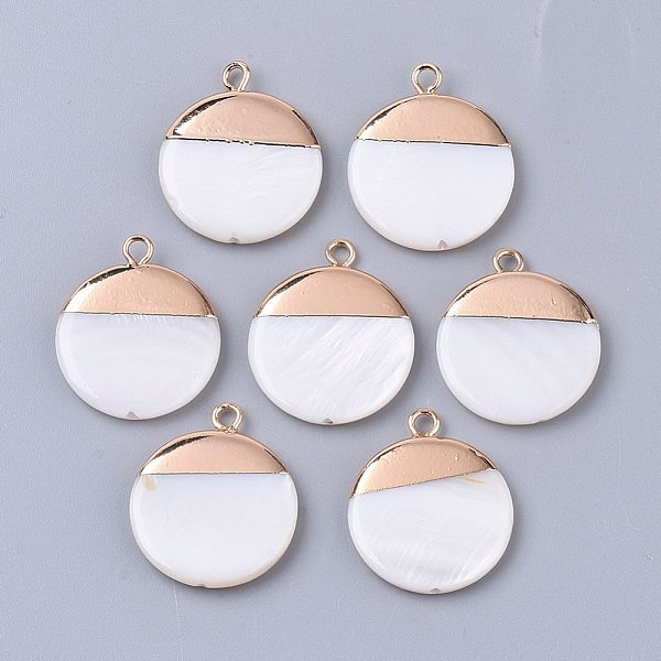 DéPoser Des Pendentifs En Coquille D'eau Douce, Avec Boucles En Laiton Plaqué Or Et Demi-Percé, Plat Rond, Couleur De Coquillage, 22X18X3Mm, Trou: 0.8-1.8Mm-image