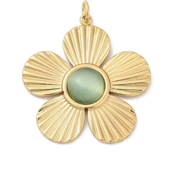 Ion Plating(IP) 304 Stainless Steel Pendants, with Cat Eye and Jump Ring, Flower Charm, Golden, Aquamarine, 30.5x29x4mm, Hole: 3.5mm