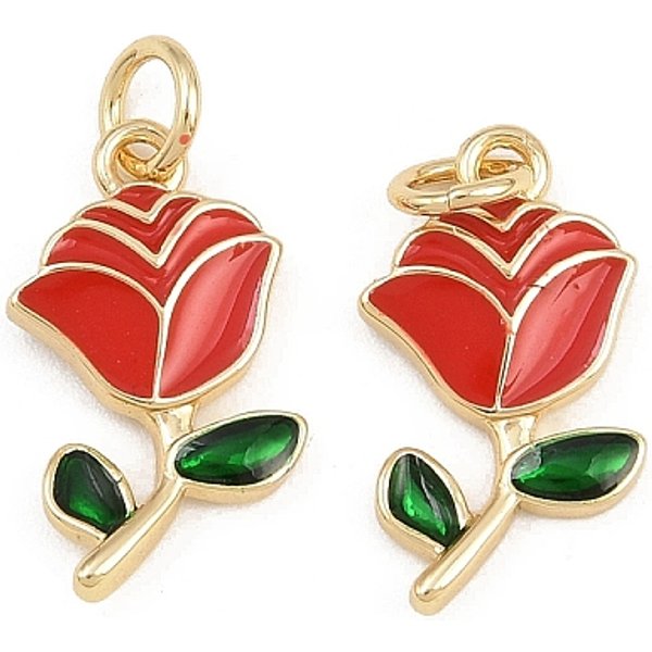 Brass Enamel Pendants, Rack Plating, Cadmium Free & Lead Free, Long-Lasting Plated, Real 18K Gold Plated, with Jump Ring, Flower, 17x9.5x2.5mm, Hole: 3mm