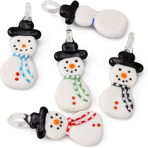 Christmas Handmade Lampwork Pendants, Snowman, Mixed Color, 65X25X10Mm, Hole: 5Mm-image