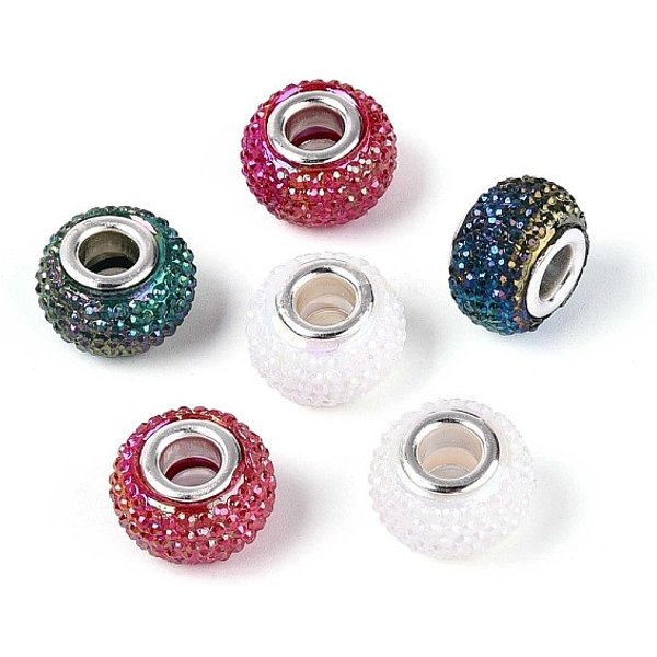 Abalorios Europeos De Resina Con Grande Agujero, Con NúCleos Dobles De Bronce Platino, Rerondana Plana, Color Mezclado, 14X9Mm, Agujero: 5 Mm-image
