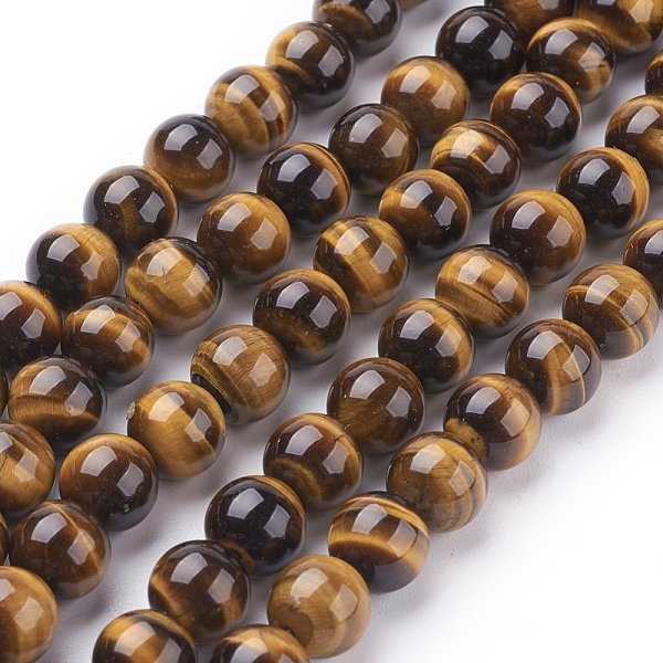 Chapelets De Perles D'œIl De Tigre Naturel, Grade A, Ronde, Verge D'or, 8 Mm; Environ 49 Pcs / Brin, 15 Pouce-image