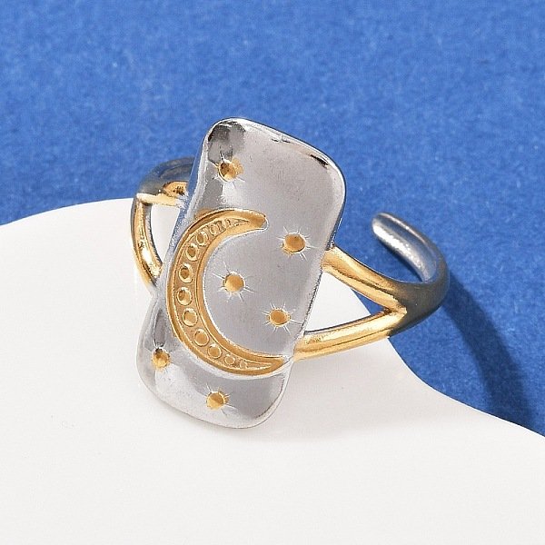 304 Stainless Steel Double Color Cuff Rings, Ion Plating(Ip), Golden & Stainless Steel Color, Rectangle, 19Mm, Inner Diameter: Adjustable-image
