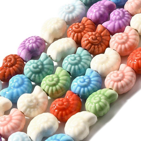 Handmade Porcelain Beads Strands, Spiral Shell, Colorful, 14.5-15X12.5X9Mm, Hole: 2Mm, About 25Pcs/Strand, 35.9-36Cm-image