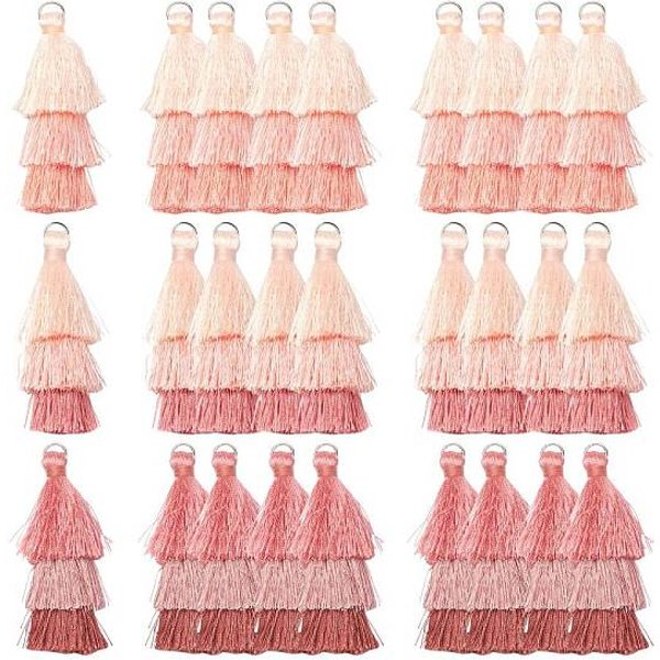 6Pcs 3 Colors Polyester Tassel Big Pendant Decorations, With Platinum Iron Findings, Mixed Color, 55-63X18-25Mm, Hole: 6Mm, 2Pcs/Color-image