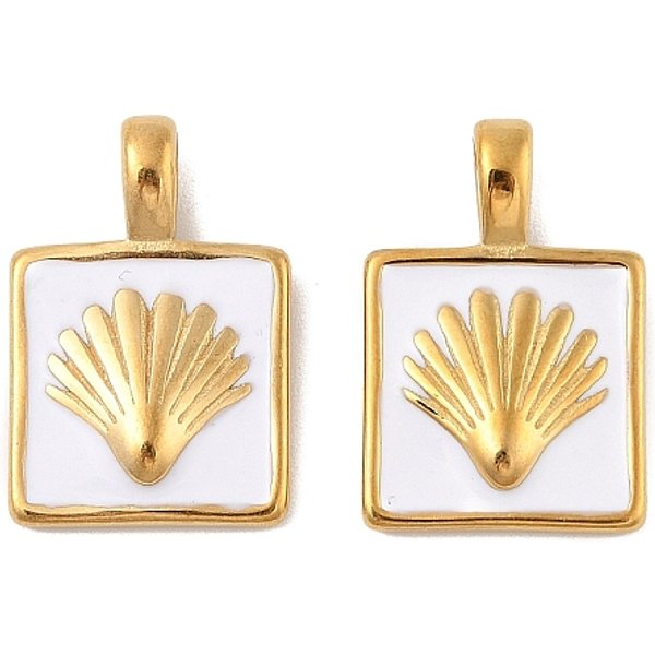 Ciondoli In Acciaio Inox Smaltato 304, Quadrato Con Ciondoli A Conchiglia, Vero Placcato Oro 18K, Placcatura Sotto Vuoto Pvd, Bianco, 22.5X15X3.5Mm, Foro: 5X2.5 Mm-image