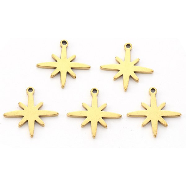 Pvd Vacuum Plating 304 Stainless Steel Pendants, Laser Cut, Eight Pointed Star, Real 18K Gold Plated, 15X15X1Mm, Hole: 1.2Mm-image
