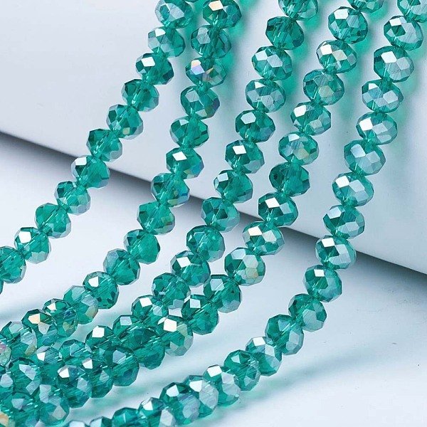Electroplate Glass Beads Strands, Ab Color Plated, Faceted, Rondelle, Dark Cyan, 8X6Mm, Hole: 1Mm, About 63-65Pcs/Strand, 39-40Cm-image