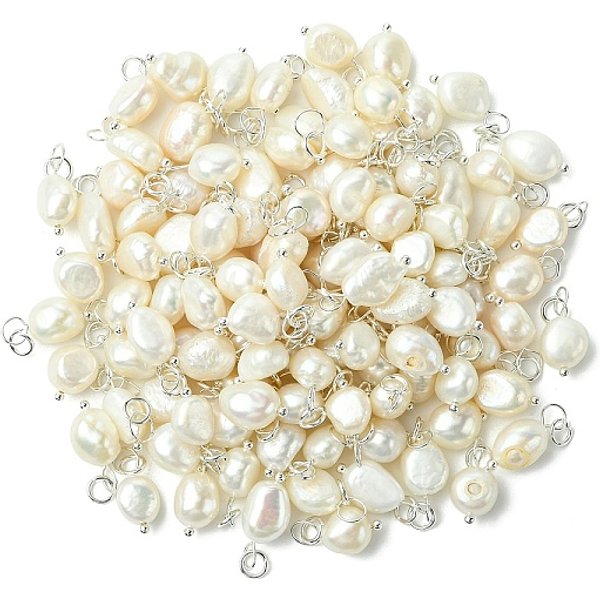 Grade B Natural Cultured Freshwater Pearl Charms, With 304 Stainless Steel Jump Rings, Polished Rice, Silver, 13.5-15X7-7.5X5-6Mm, Hole: 3.6Mm-image