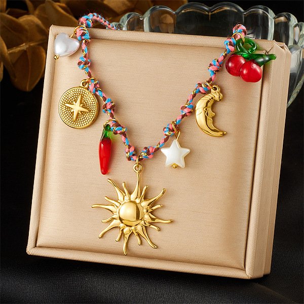 304 Stainless Steel & Plastic Hot Pepper Cherry Pendant Cotton Cord Necklaces For Women, Red, Golden, Sun, 16.42 Inch(41.7Cm)-image