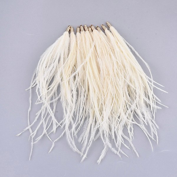 Gland De Plumes D'autruche Grand Pendentif DéCorations, Avec Les Accessoires En Laiton, Or, Cornsilk, 130-170X4Mm, Trou: 1.6Mm-image