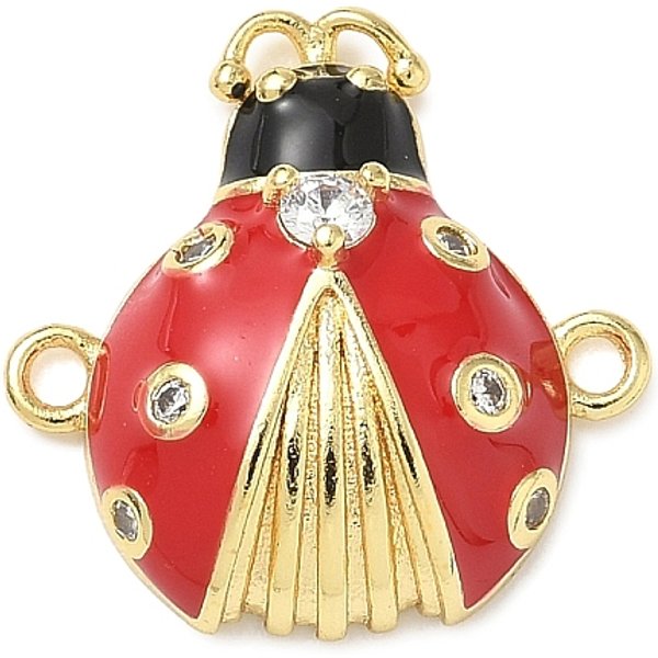 Brass Micro Pave Clear Cubic Zirconia Ladybug Links, With Red And Black Enamel, Rack Plating, Lead Free & Cadmium Free, Long-Lasting Plated, Real 18K Gold Plated, 17X17X5Mm, Hole: 1.5Mm-image